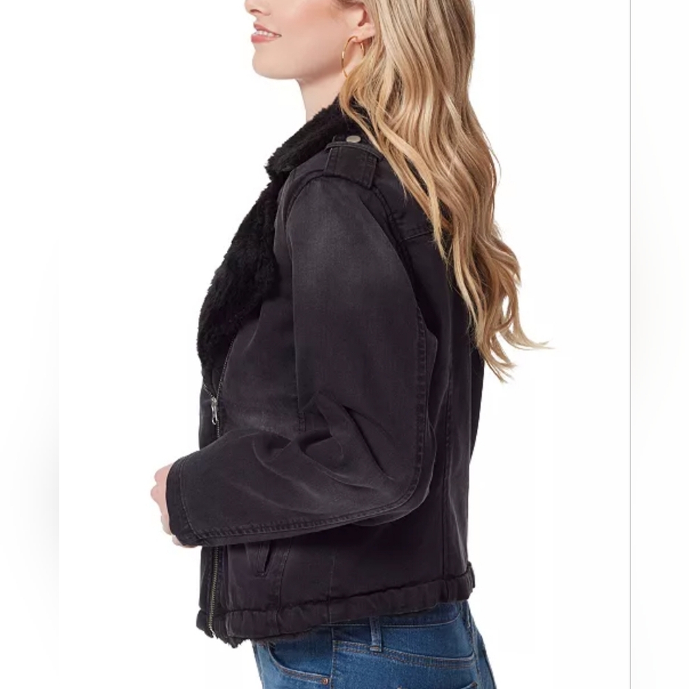 NWT Black Denim Faux Fur Moto Jacket Size XL - Picture 3 of 3
